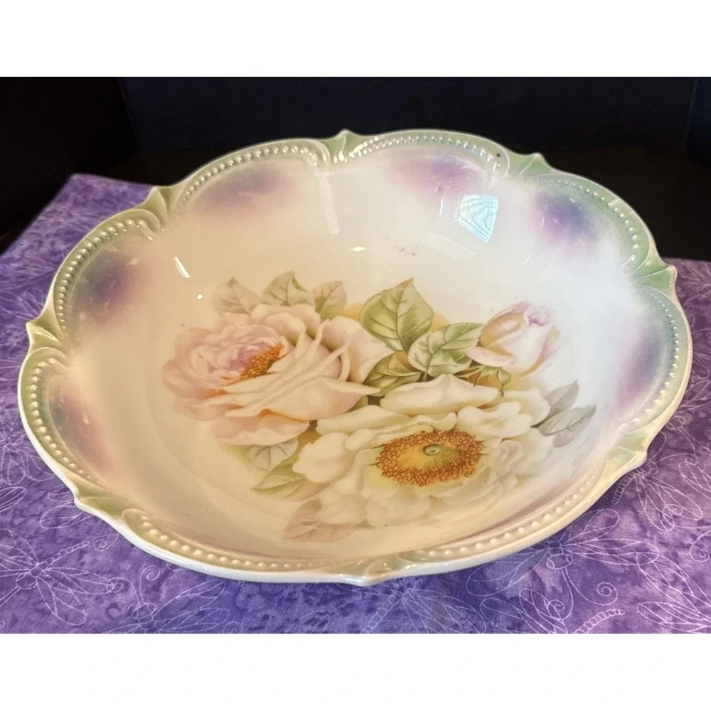 P.K.‎ Silesia Porcelain Colorful Floral Roses Serving Bowl Lusterware Vintage 9